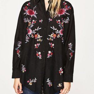 Zara Woman's Embroidered Top Long Sleeve Button Up